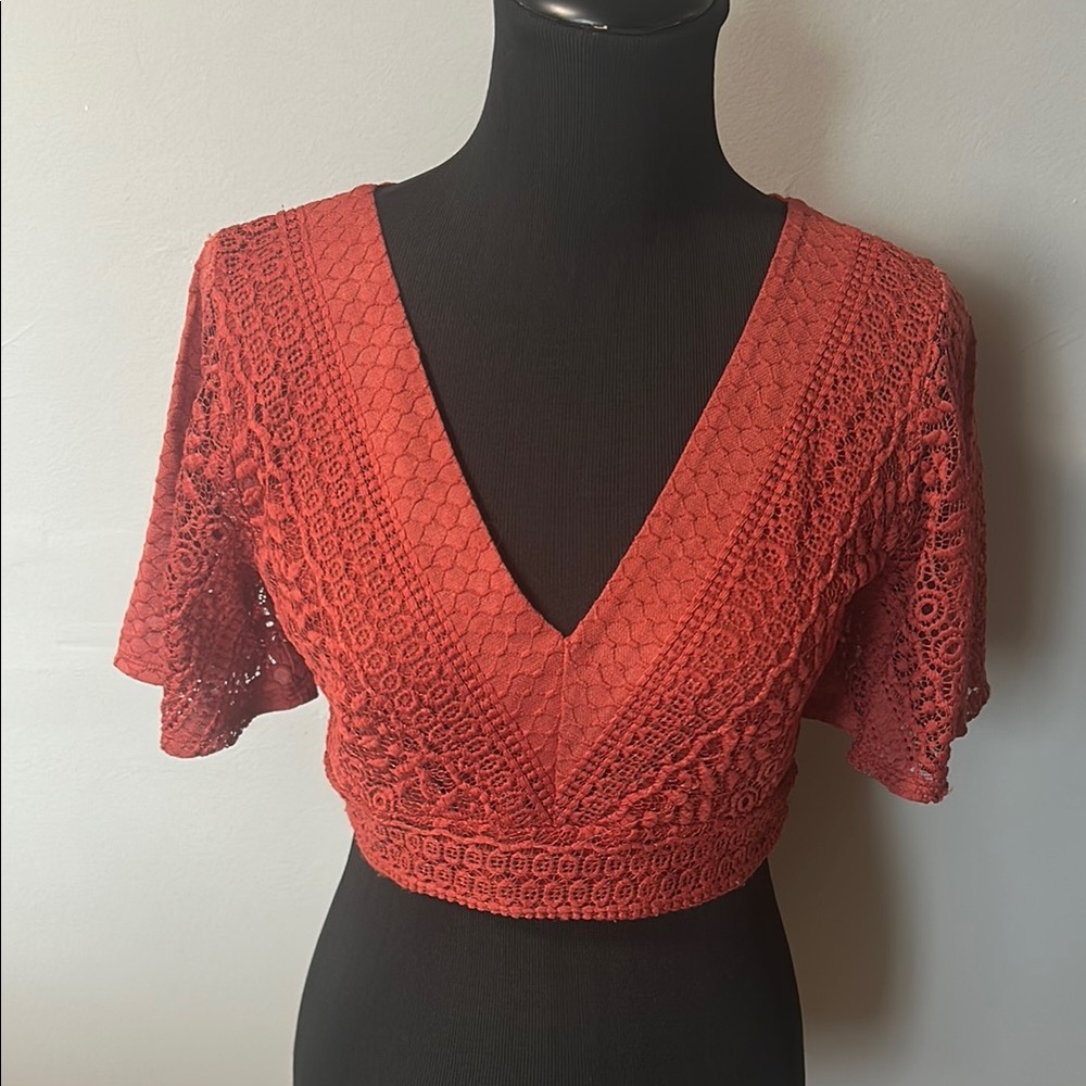 Express Red Crochet Lace V-Neck Crop Top